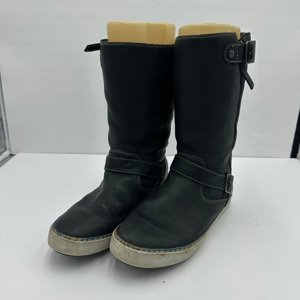 UGG Womens Black Pebbled Leather Shearling Moto Boots Size 11 Rugged Utility